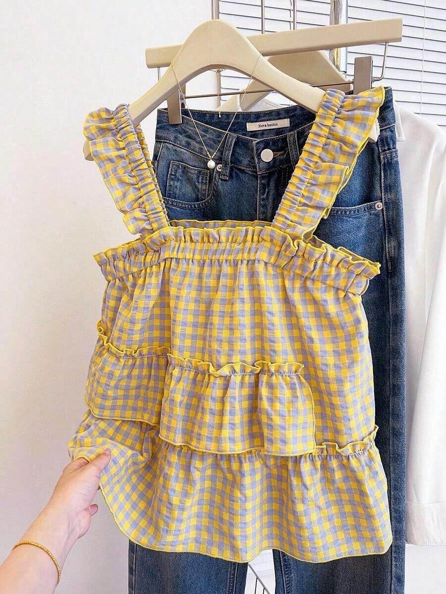 Blusa linda con volantes a cuadros para mujer - Multicolor 2 - Ver 1
