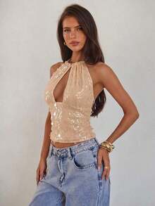 Nuevo camisol de tirantes finos con espalda descubierta y lentejuelas rosas para mujer, elegante y sexy, ideal para el Día de San Valentín, fiestas y viajes - Albaricoque - Ver 5