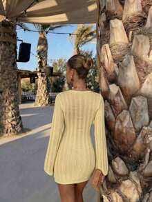 Vestido de manga larga de punto para mujer, estilo de vacaciones en la playa - albaricoque profundo - Ver 8