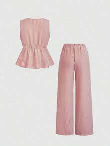 Nuevo conjunto de verano europeo y americano de dos piezas, pantalones rectos de pierna recta con cordones lisos y a rayas en rosa, estilo versátil de calle para mujeres - Rojo 2 - Ver 3