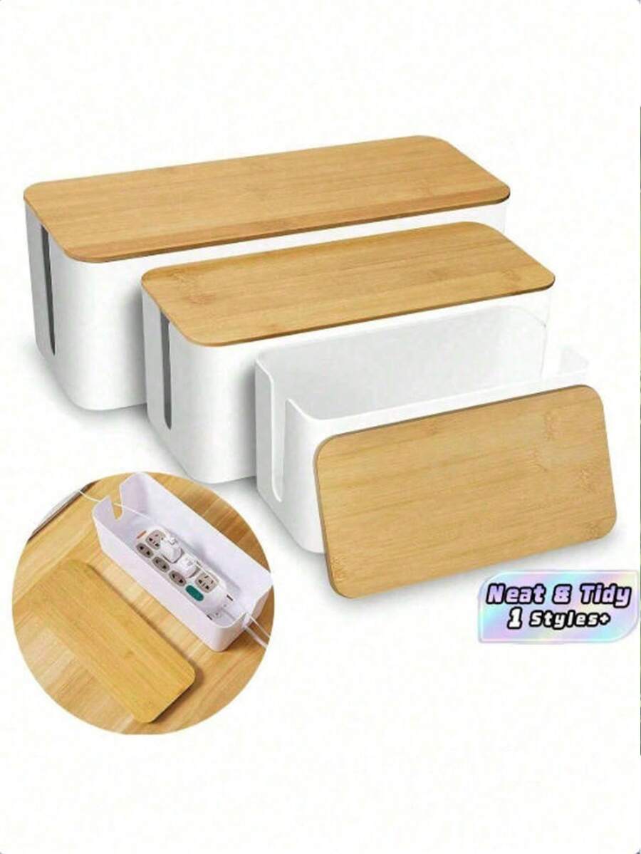 1 pieza Caja organizadora de cables de madera de bambú, caja de almacenamiento de cables de datos, caja organizadora de cables de alimentación, caja de clasificación, soporte de cables de computadora para enchufes, caja de enchufes