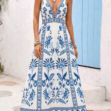 Vacation, traje de vacaciones, traje de verano, vestido romántico con estampado floral blanco y azul para mujer Vestidos boho para mujer Traje de Santorini para mujer Ropa de resort Vestido de vacaciones para mujer Vestidos largos de verano para mujer Vestidos de picnic para mujer Vestidos elegantes de verano para mujer - Azul y blanco - Ver 10
