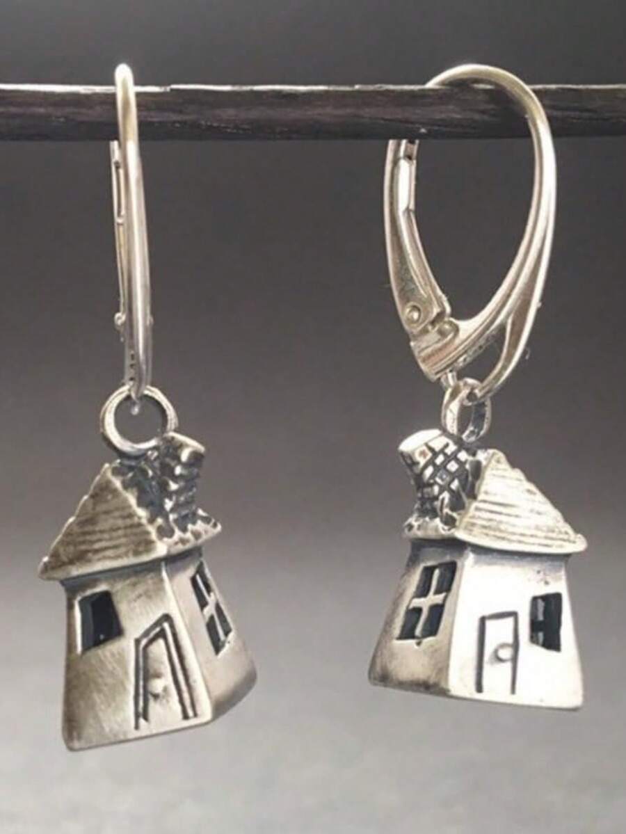 Bông tai hình ngôi nhà cổ tích bằng bạc thủ công kiểu vintage, phong cách Bohemian dành cho nữ. - Bạc - Xem 1