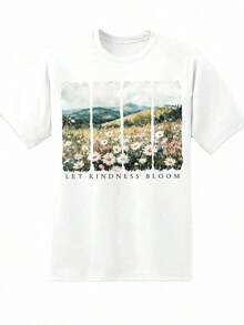 Let Kindness Bloom Summer T-Shirts With Floral Field Design, Women's T-Shirt, Casual Summer Top With Inspirational Quote, Nature Inspired Graphic Tee For Everyday Wear, Gift For Her, 220g, Women's Tops. - 白色 - 查看 2