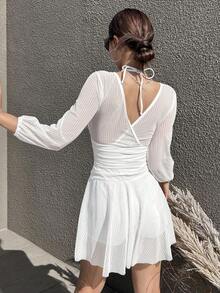Traje de baño de una pieza de manga larga de unicolor y de moda para vacaciones de verano - Blanco - Ver 4