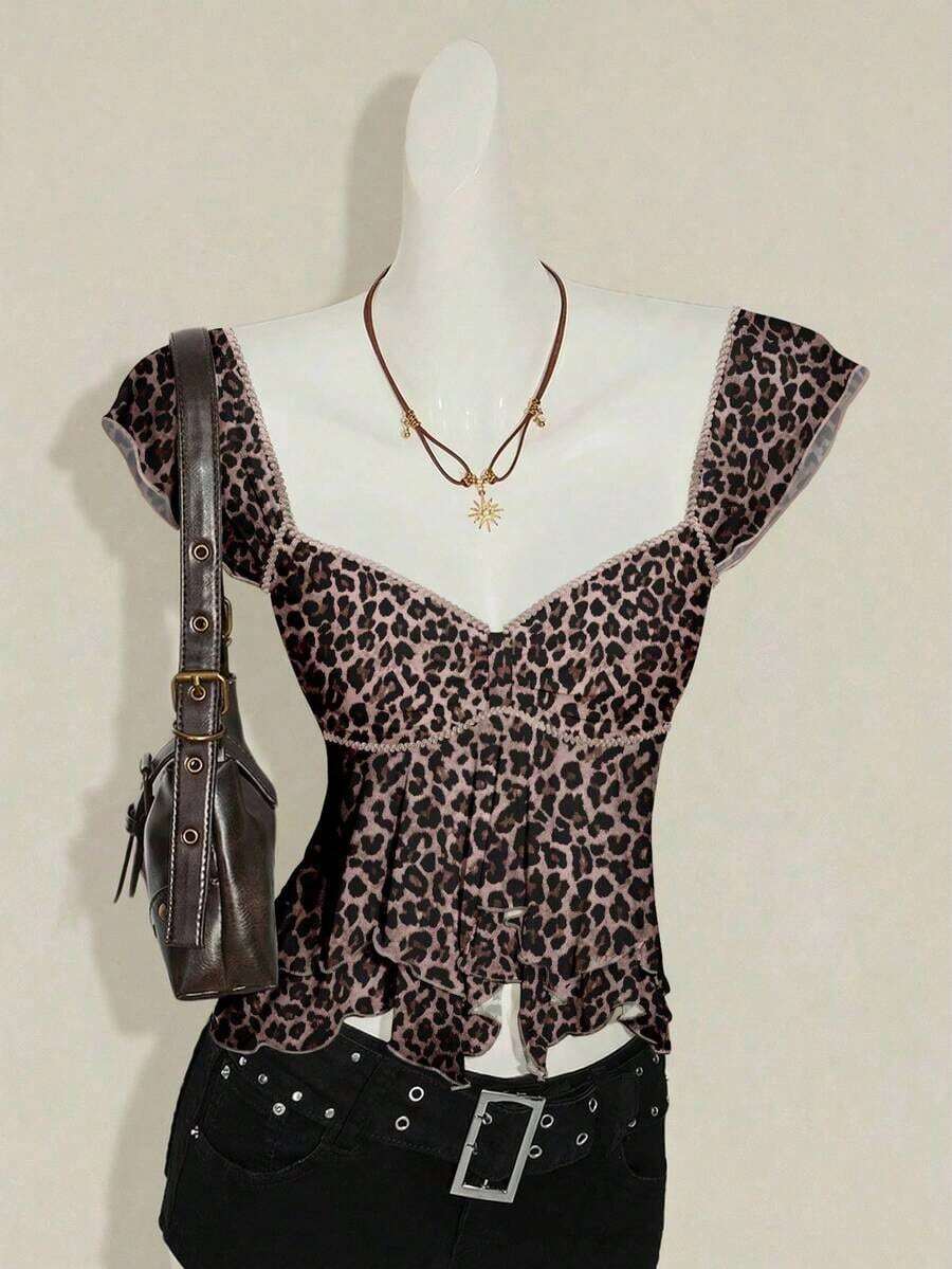 Top sin mangas con volantes, escote con pliegues, ajuste ceñido, parches de malla sexy, espalda con lazo, top casual de vacaciones - Multicolor - Ver 1