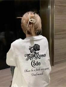 Camiseta clásica de mujer, holgada, blanca, estampada - Manga corta, corte holgado, lavable aáquina, estampado en la espalda, diseño floral, camiseta de verano. - Blanco - Ver 7