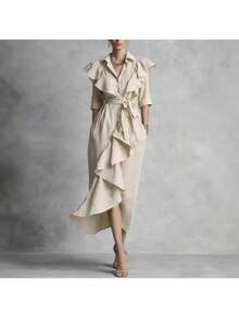 Vestido largo por debajo de la rodilla con cordón, corte holgado favorecedor, botonadura sencilla y volantes, nueva colección primavera-verano 2026 - Albaricoque - Ver 2