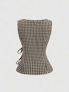 Camisa sin mangas con cuello redondo de estilo universitario retro y a cuadros, con un toque sexy.Nueva blusa de verano con cordones, de corte ajustado y delicado, con un estilo dulce y femenino para mujeres. - Café integral - Ver 6