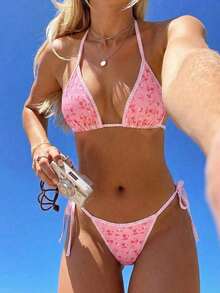Conjunto de bikini de 2 piezas con estampado floral diminuto y escote halter para vacaciones y playa - Rosa - Ver 7