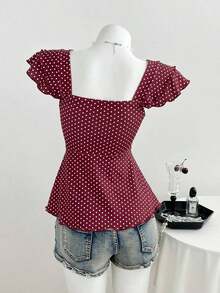 Camiseta holgada casual de mujer con cuello cuadrado, cintura fruncida, para primavera/verano - Burdeos - Ver 2