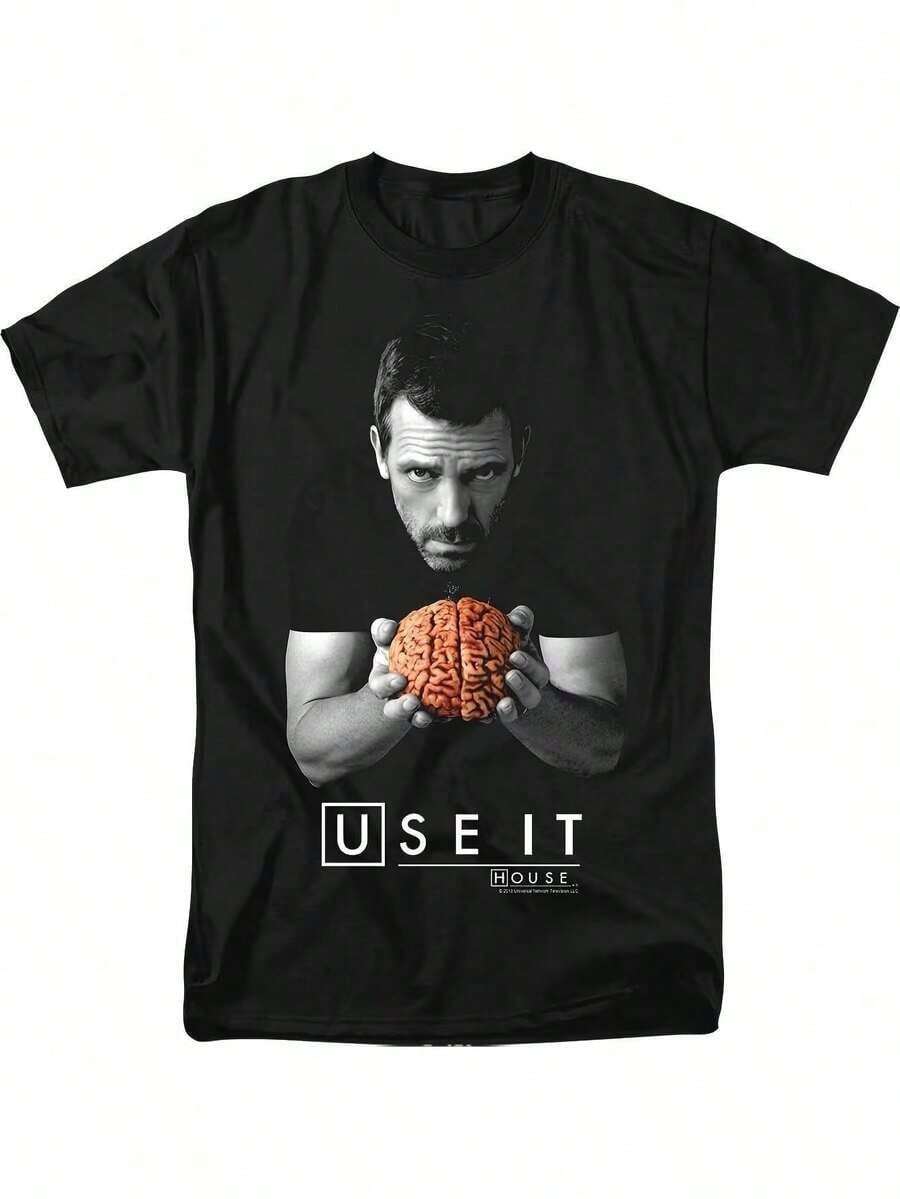 1 pièce de House M.D. T-shirt à thème pour homme grande taille - Motif graphique noir représentant le cerveau du Dr House et le texte 'USE IT', fabriqué en tissu 100%, col rond, coupe régulière avec une légère élasticité, confortable pour toutes les saisons, t-shirt décontracté pour les fans de la série télévisée. - Noir - Voir 1