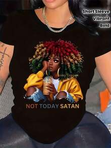 Women'S "NOT TODAY SATAN" Graphic T-Shirt - Bold Statement Black Tee With Vibrant Red Hair & Dreadlock Woman Print, Lightweight Short Sleeve Crew Neck Top, Machine Washable Casual Summer & Spring Fashion, Durable Casual Attire For Women - Negro - Ver 1