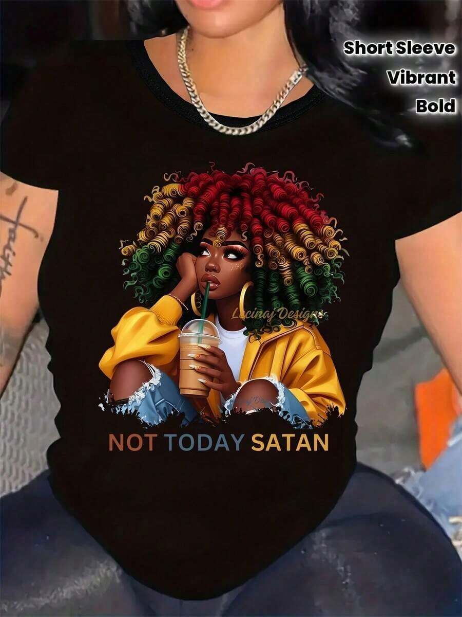 Women'S "NOT TODAY SATAN" Graphic T-Shirt - Bold Statement Black Tee With Vibrant Red Hair & Dreadlock Woman Print, Lightweight Short Sleeve Crew Neck Top, Machine Washable Casual Summer & Spring Fashion, Durable Casual Attire For Women - Negro - Ver 1