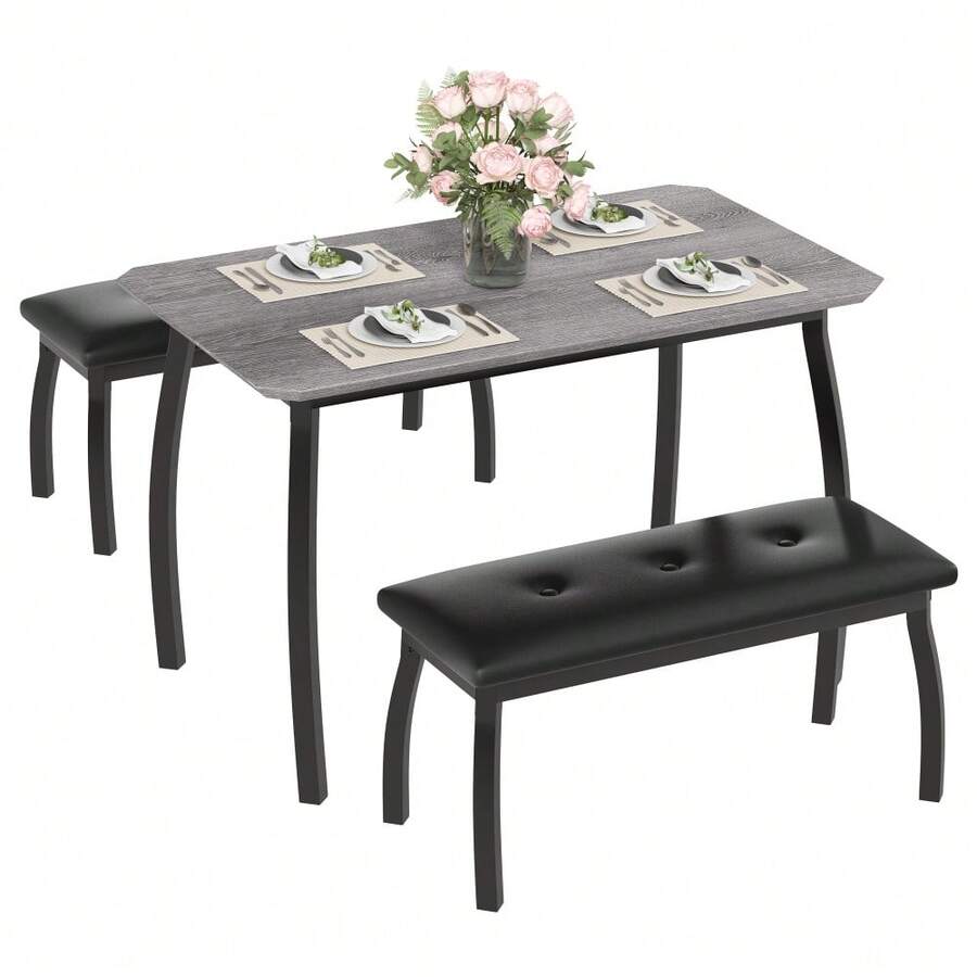 Dining Table With 2 Upholstered Benches - 3 Pcs Industrial Dining Table Set, Ideal For Dining Room, Kitchen, Studio, Restaurant - Grey - View 1