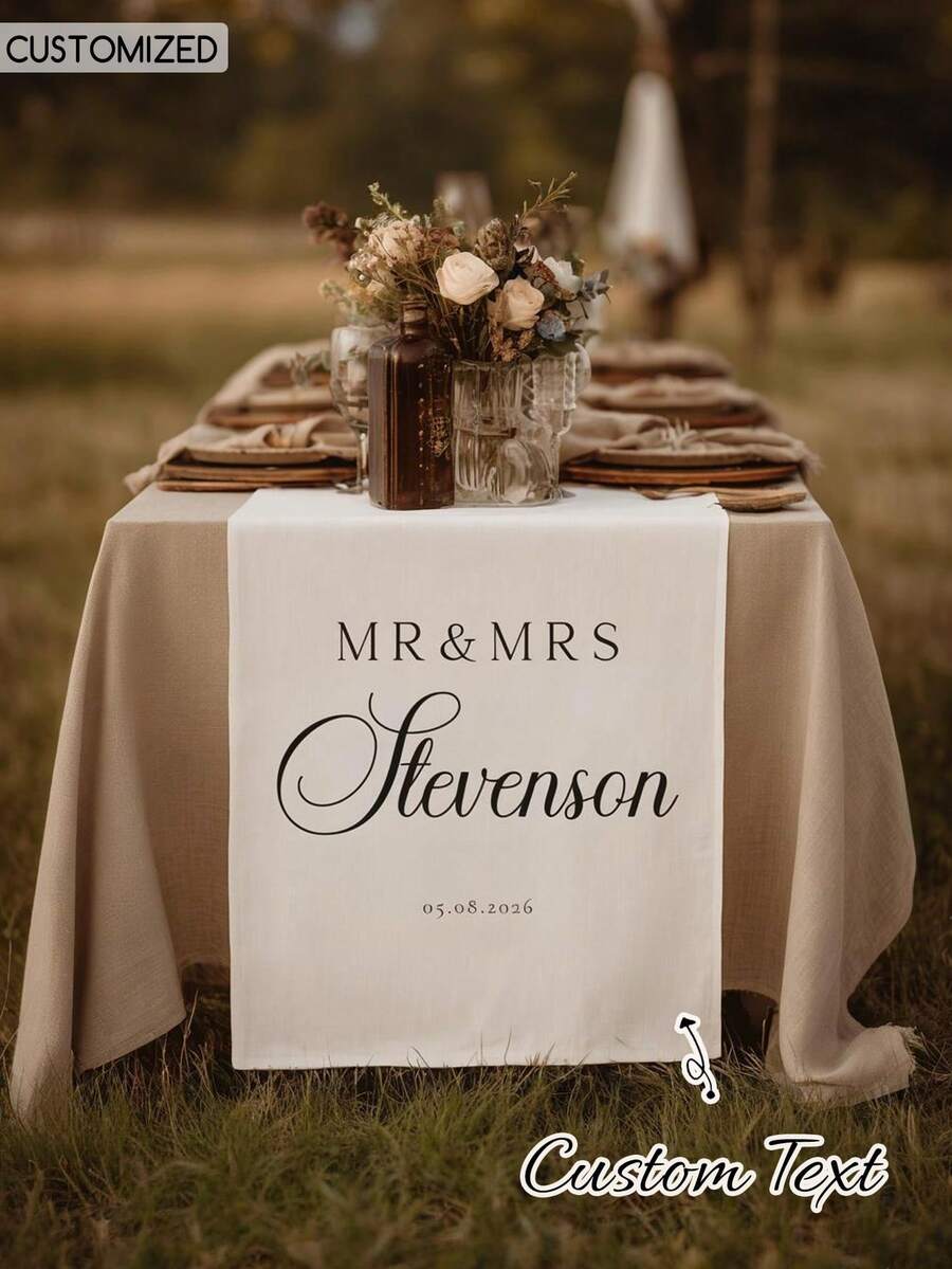 1pc Wedding Table Runner, Personalized Last Name Sign, Custom Linen Wedding Banner, Sweetheart Table Decor, Wedding Reception Gift, Wedding Decoration