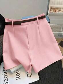 Shorts de mujer de unicolor de verano, de cintura media-alta, versátiles y de moda para el uso diario, con cinturón - Rosa - Ver 3