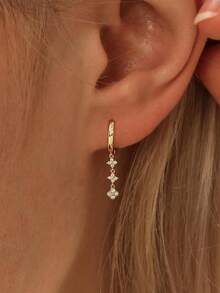 Bông tai mặt dây chuyền hình cỏ bốn lá mạ vàng 14K, kiểu dáng dài thanh lịch dành cho nữ, trang sức cô dâu dự tiệc. - Vàng - Xem 3