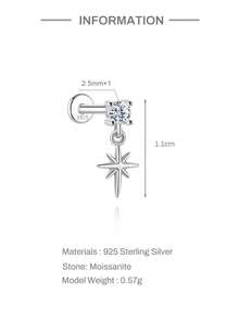 1 chiếc khuyên tai bạc 925 mạ vàng 18K, kiểu dáng ngôi sao tám cánh đính đá Moissanite thời trang, không gây dị ứng và không phai màu, lý tưởng cho trang phục thường ngày, dự tiệc và làm quà tặng ngày lễ. - Bạc - Xem 9