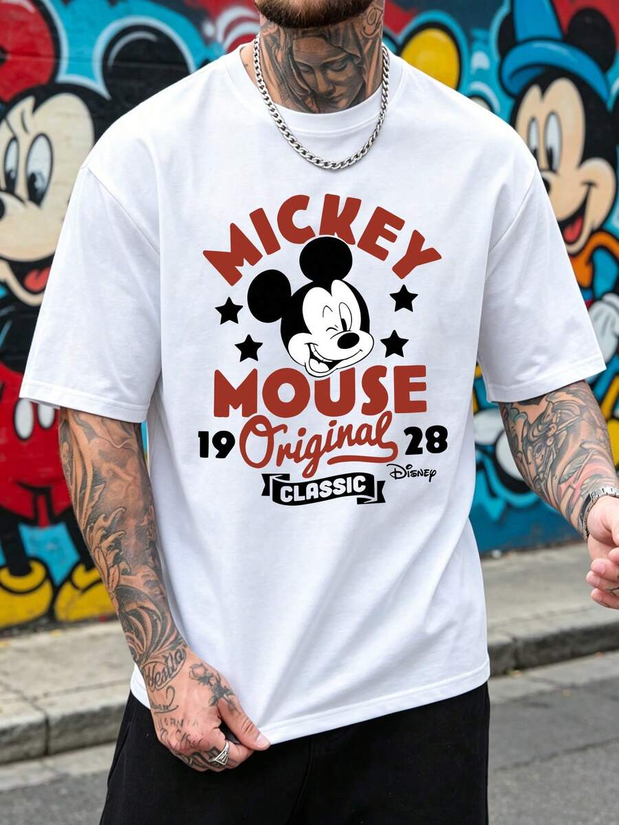 Disney Official Licensed Mickey Mouse 1928 Classic Print Cotton T-Shirt, Men's Casual Crew Neck Short Sleeve Tee, Breathable Soft Pure Cotton Top, Retro Cartoon Graphic T-Shirt For Daily Streetwear - trắng - Xem 1