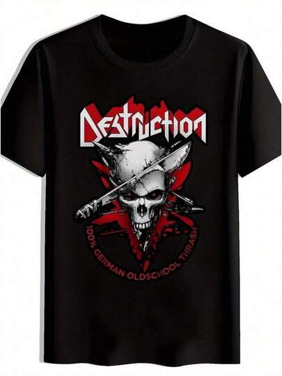 Unisex T-shirt voor volwassenen, Death Cult Graphic T-shirt voor heren - Zwart, korte mouwen, ronde hals, heavy metal band design met doodskop en gekruiste botten, lichtgewicht polyester, zomerse casual kleding, perfect voor muziekfans en rockliefhebbers, band T-shirts, T-shirt heren, herenkleding, Y2K, dames tops, vintage stijl, streetwear mode, cool design, geweldig om in te spelen, festivalstijl, zacht en lichtgewicht, zacht katoen, casual dagelijkse kleding, festivalstijl, zacht en lichtgewicht, zomervakantie, casual kleding, tweedelig, Vaderdag.