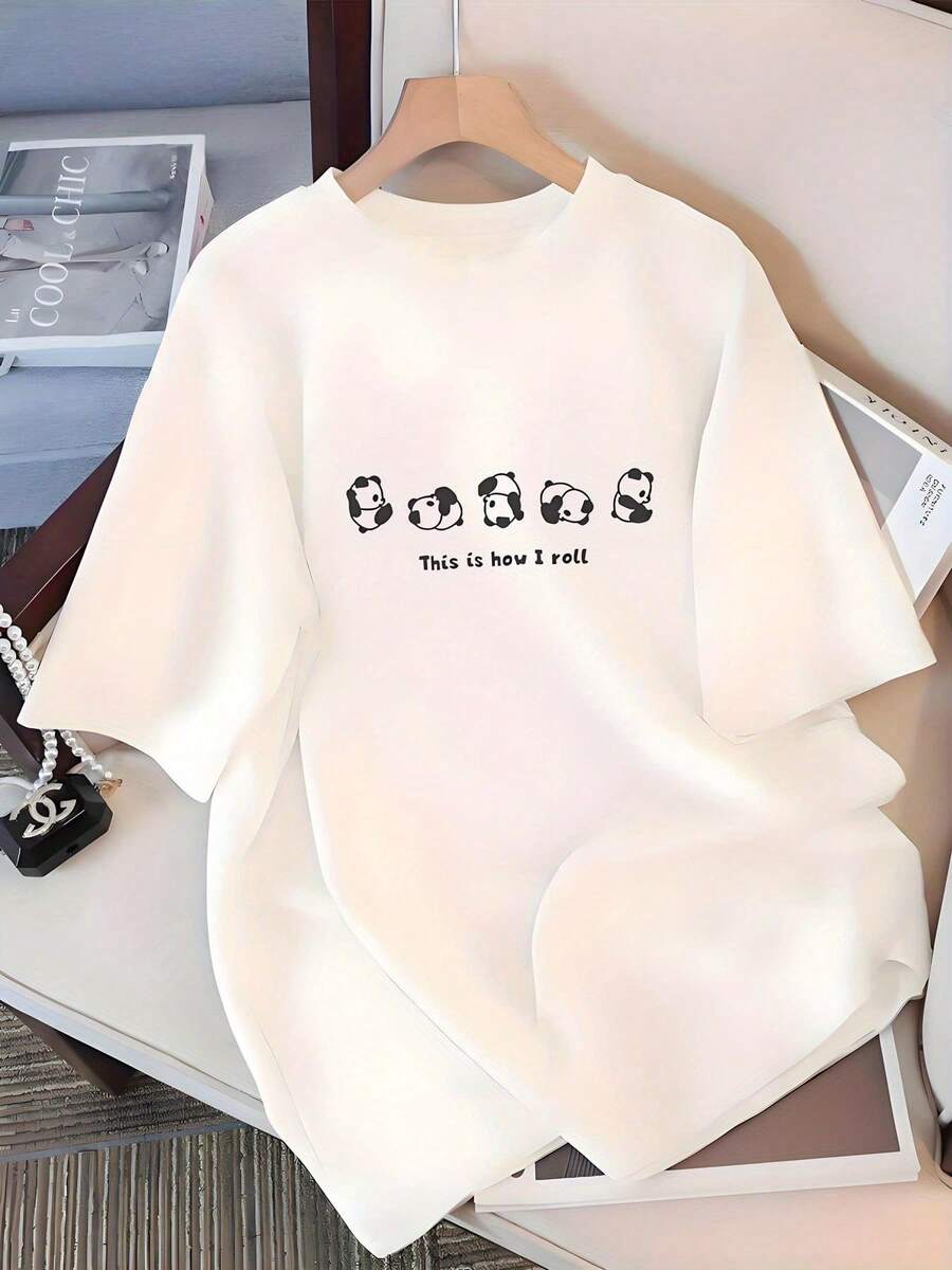 Y2K Women's Cartoon Panda Print Short Sleeve T-Shirt, New Summer Fashion, Versatile Crew Neck Loose Fit Top. Y2K T-Shirt - 黑色 - 查看 1