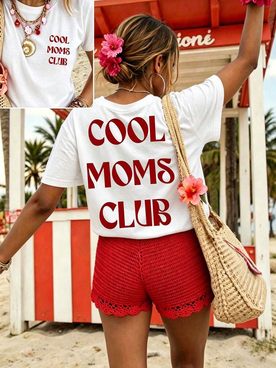 Áo thun Cool Aunts Club, In My Aunt Era, Áo thun in hình, Áo thun nữ màu trơn dáng rộng cổ tròn tay ngắn màu trắng - trắng - Xem 1