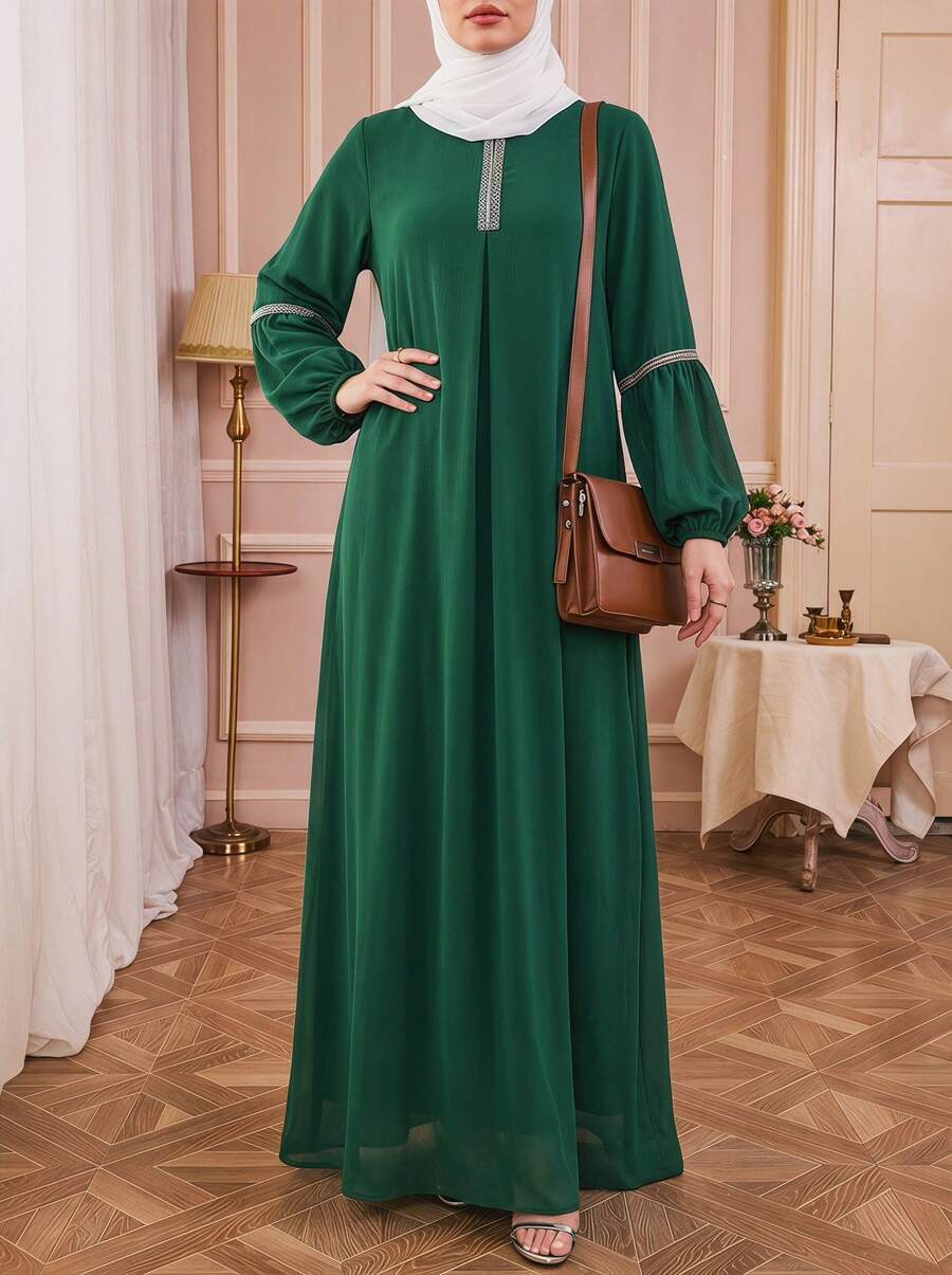 Solessence Đầm Abaya dài tay thời trang, trang phục truyền thống Ả Rập đính sequin giản dị, trang phục kín đáo cho lễ Eid mùa xuân. - màu xanh lá - Xem 1