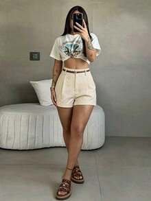 Pantalones cortos de punto suave plisados de cintura alta y pierna ancha sin cinturón, adecuados para uso en la oficina en verano - Rosa - Ver 6