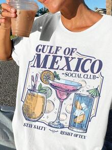 Free Shipping, Local Delivery In Mexico, Delivery In 4 Days. Casual Short-Sleeved, Loose-Fitting T-Shirt With A Cocktail Print, Perfect For Summer Beach Vacations Or As A Gift For A Girlfriend. - White - View 4