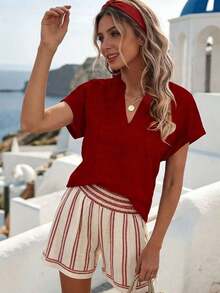 Camisa casual de mujer de manga corta con cuello entallado de unicolor, para verano - Rojo - Ver 5