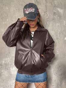 ICON Chaqueta negra de PU con cremallera y hombros caídos para otoño/invierno - Marrón - Ver 6