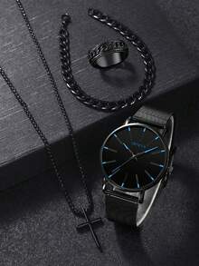 4pcs Men's Casual Business Watch And Cross Pendant Necklace, Bracelet And Ring Set, Sport - Black - View 3