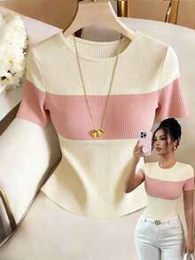 Camiseta de manga corta casual con bloques de color para mujer, verano - Multicolor 2 - Ver 1
