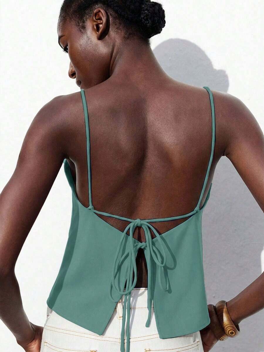 Blusa sin mangas con lazo ajustable, elegante para fiesta, oficina, viajes, casual, romántica, adecuada para invitados de boda, anfitriones, citas, fiestas, conciertos, desayunos, aeropuerto, vacaciones de verano - Verde 2 - Ver 1