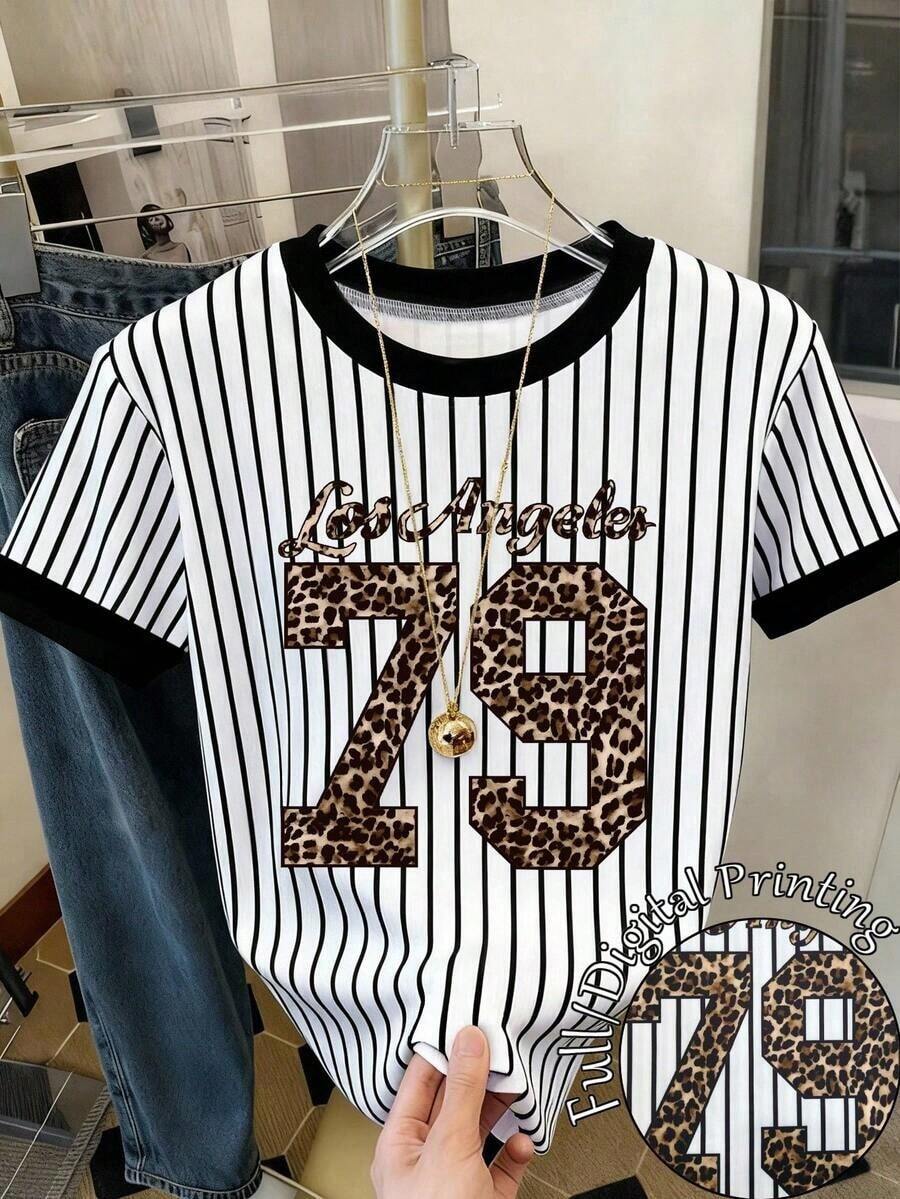 Camiseta de mujer casual de cuello redondo y manga corta con estampado de lazo - Multicolor 8 - Ver 1