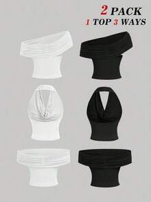 Set de 2 blusas casuales de unicolor de ajuste ceñido que se pueden usar de 3 maneras diferentes para mujeres - Blanco y Negro 2 - Ver 2