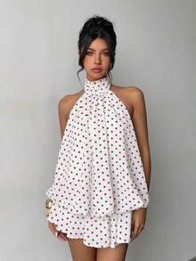 Vestido mini elegante de mujer con estampado de lunares y escote halter sin espalda - Rojo y blanco - Ver 6