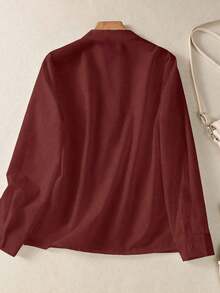 Camisa de mujer de unicolor con cuello en V y botones - Blusa casual y elegante de manga larga con detalle de bolsillo, adecuada para vacaciones, viajes y uso diario, artículo esencial para primavera, verano, otoño e invierno - Café integral - Ver 4