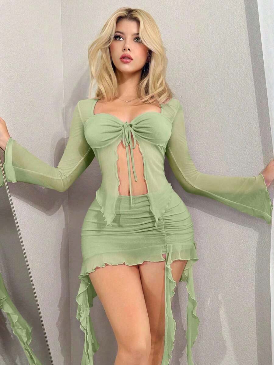 Conjunto de dos piezas de blusa de malla transparente de manga larga sexy y falda con banda de cintura de gelatina de color azul bebé con volantes, estilo Y2K para salir, para mujeres en otoño - verde menta - Ver 1