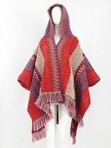1pc Women's Fashion Geometric Rhombus Pattern Tassel Bohemian Style Hooded Poncho, Suitable For Casual Outings, Daily Wear, Travel And Vacation For Dress - C - 查看 5