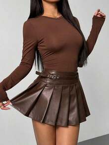 PETITE Falda de cuero plisada con hebilla de diseño de color marrón chocolate sólido para mujer, falda plisada de cuero, falda de patinadora, otoño para mujer, invierno para mujer, Halloween, casual de negocios, estilo de dinero antiguo - Marrón Chocolate - Ver 8