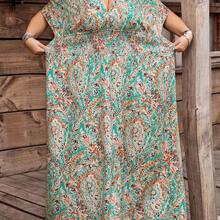 CURVE+ Festival de música de tamaño curvo, vacaciones junto al mar, vestido de playa para mujer con cintura elástica plisada con estampado aleatorio, traje de vacaciones de verano - Verde - Ver 10