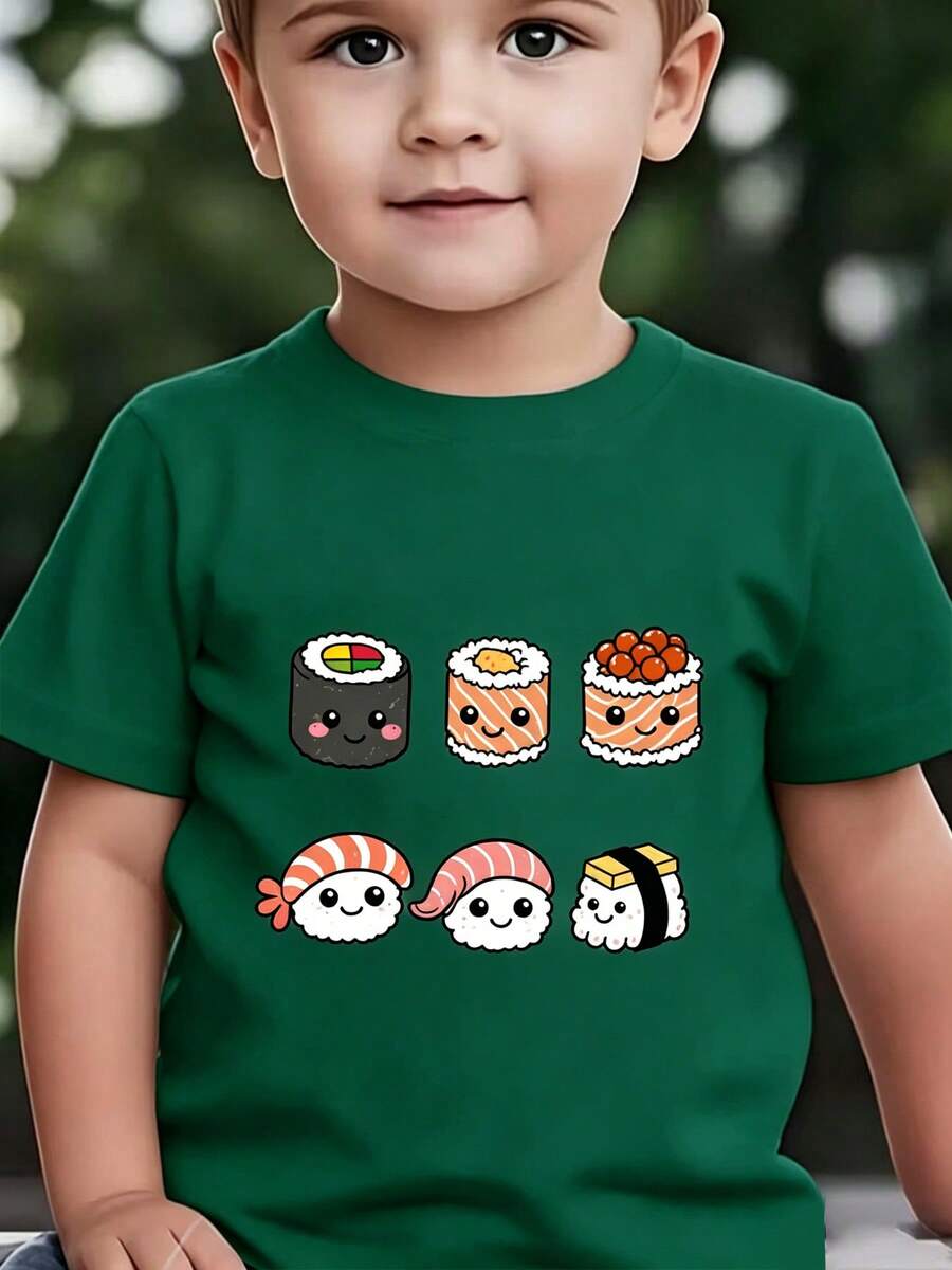Top de manga corta sencillo, informal y bonito con estampado para niños, ideal para el verano. - Verde Oscuro - Ver 1
