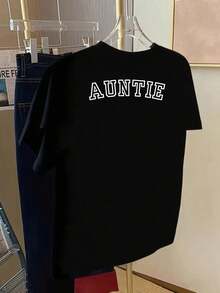 Camiseta de Mujer con Estampado de Tía y Letras Blancas "AUNTIE" - Top Casual de Manga Corta y Cuello Redondo para Tías, Diseño de Nai Nai Chino y Halo Coreano, Ropa Casual para Primavera, Verano y Otoño, Idea de Regalo Divertida (Negro) Y2k Camiseta Camisa De - Blanco - Ver 2