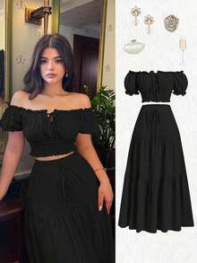 Nuevo conjunto de 2 piezas para mujer con blusa de hombros descubiertos y mangas abullonadas, con lazo en la cintura y falda A-line recogida, ideal para vacaciones, casual, moda joven, versátil y elegante - Negro - Ver 1