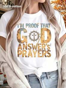 "I Am Proof That God Answers Prayers" T-Shirt - Inspirational Christian Faith Graphic Tee With Cross, Crown Of Thorns And Rosary Details, Casual Crew Neck, 100% Cotton, Short Sleeve For Women, Super Soft, Lightweight And Breathable Top For All Seasons, Ideal Religious Gift For Easter, Christmas, Holy Week, Mother's Day, Father's Day, Religious Events, Bible Study Or A Thoughtful Gift For Christian Believers, Family And Friends. - 白色 - 查看 7