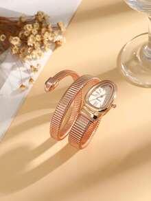 1pc Rose Gold Snake-Shaped Ladies' Watch Set, Luxury Retro Quartz Wristwatch, Birthday Gift / Holiday Gift - Rose Gold - View 3