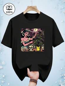 Camiseta de manga corta estampada de moda 100% algodón puro - Negro - Ver 1