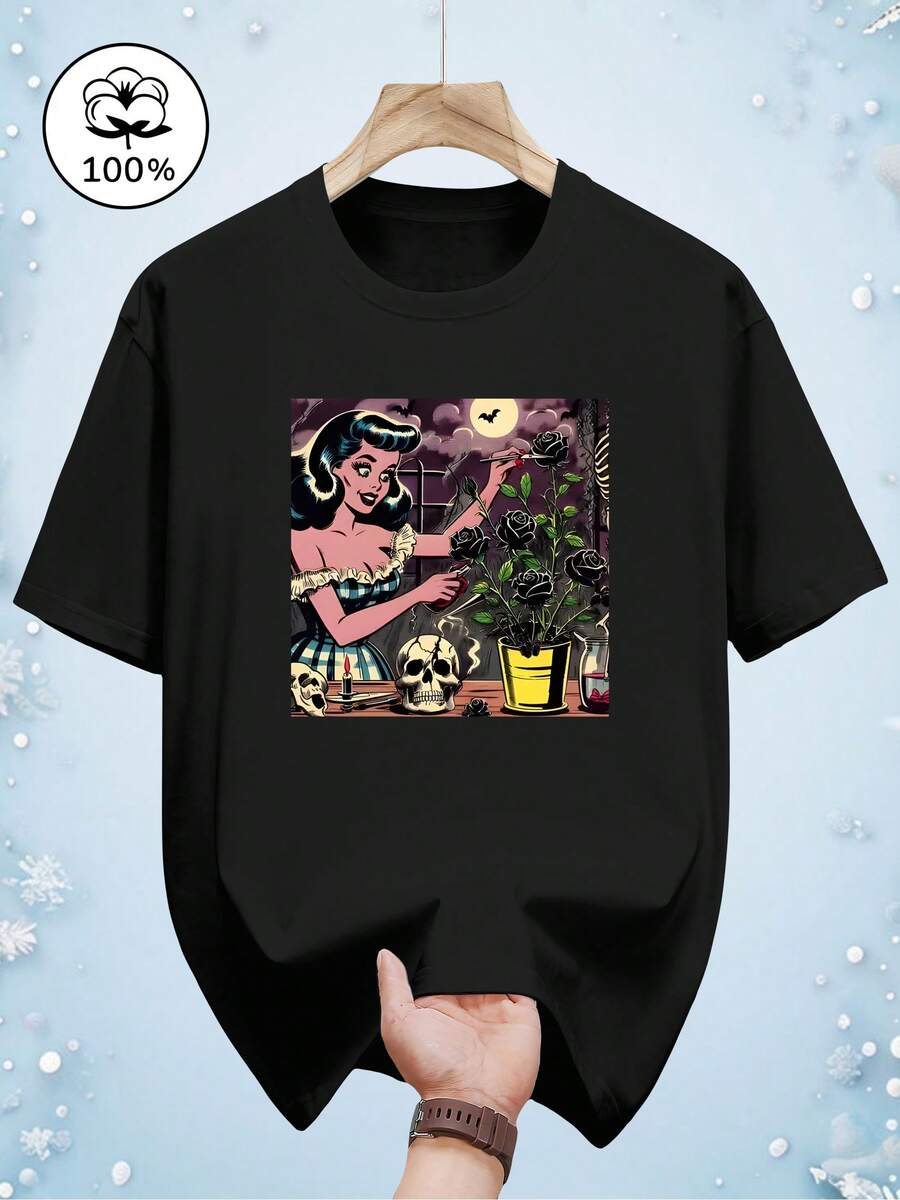 Camiseta de manga corta estampada de moda 100% algodón puro - Negro - Ver 1